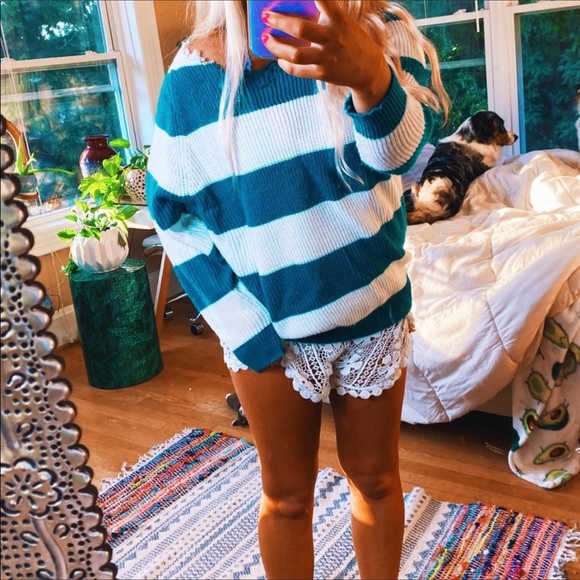 Milano Sweaters - Turquoise Distressed Striped Sweater